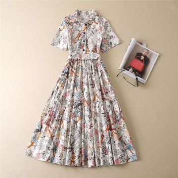 女裝早春新款D家純棉直噴印花翻領短袖大擺連衣裙腰帶收腰