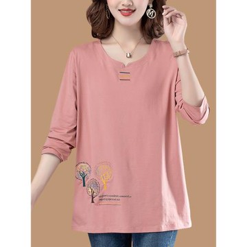 純棉長袖t恤女中年媽媽秋衣洋氣顯瘦春秋裝上衣中老年打底衫外穿