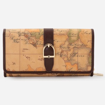 【Alviero Martini 義大利地圖包】皮革釦環裝飾 10卡釦式長夾18.5cm-地圖黃x深咖啡