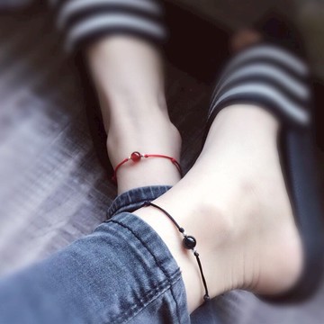 轉運珠天然黑紅瑪瑙腳鏈手工繩編織女士款腳繩情侶一對水晶飾品男