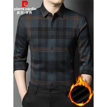 皮爾卡丹高端加絨加厚羊毛襯衫男士長袖冬季新款格子保暖襯衣男潮