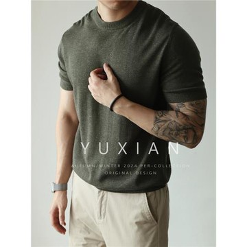 (免運)YUXIAN高端亞麻天絲混紡針織短袖T恤純色美式復古圓領休閑商務男