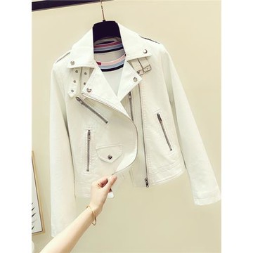 春秋韓版高腰短款修身白色小皮衣