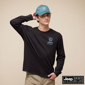 JEEP 男裝 WILLYS 印花純棉長袖T恤-黑色