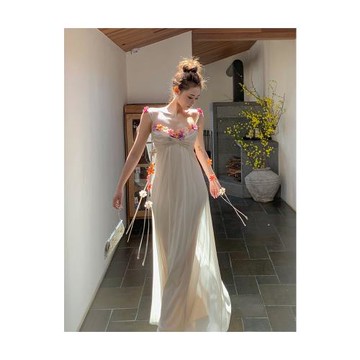 小麗霧里看花春夏醋酸吊帶連衣長裙高端精致度假仙女紗裙子