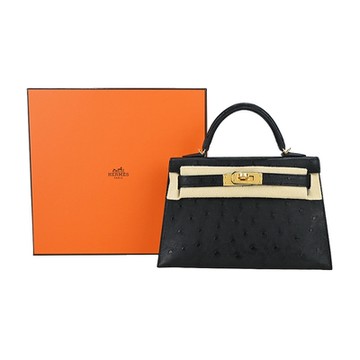 HERMES Kelly 20CM 89 OSTRICH Z刻 鴕鳥皮手提/肩背凱莉包(經典黑/金釦)