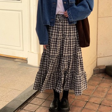ˏˋ 𝐻𝑒𝑦 𝑆𝑝𝑟𝑖𝑛𝑔 - ̗̀ 🌷⛅️韓國東大門時尚百搭格子拼接長裙繫帶半身裙 高腰大擺裙子
