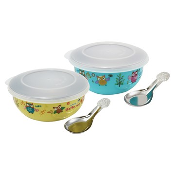 POPOKIKI 304不繡鋼隔熱餐碗-附匙-塑膠蓋-藍色X1+黃色X1