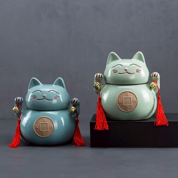 裝茶葉罐陶瓷大號密封罐存茶罐汝窯招財貓普洱茶盒家用儲茶缸擺件