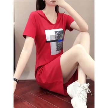 連帽休閑印花中長款t恤女短袖寬松上衣潮夏季2025新款氣質連衣裙