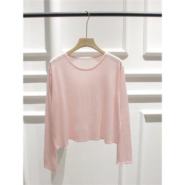 韓國春裝甜美櫻花粉小個子短款防曬毛衣女套頭寬松薄款棉類針織衫