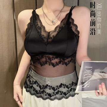 法式蕾絲美背吊帶細帶背心自帶胸墊聚攏防走光一體式內搭大碼內衣
