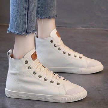 真皮高幫板鞋女2025年新款潮韓版百搭女單鞋平底運動休閑鞋小白鞋