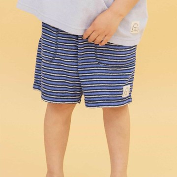日本 BREEZE - 柔軟毛巾感鬆緊短褲-條紋-藍x黑