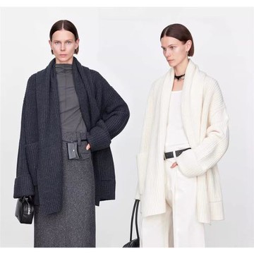 秋冬時裝全羊毛紗粗針加厚軟糯毛衣慵懶北歐風圍巾領針織開衫外套