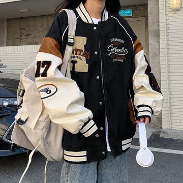 佰分佰/100kg內可穿/大尺碼女裝/冬天外套/復古拼接刺繡外套女寬松韓版學生棒球服女小個子潮ins/女生外套