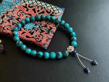 天然鳳凰石/ 硅孔雀石 27顆念珠 佛珠  景泰藍隔珠 10mm