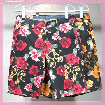 夏季潮牌花短褲皮帶款五分褲馬褲休閑短褲男士夏天寬松薄款沙灘褲