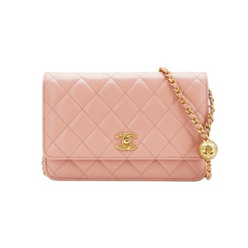 Chanel 展示品 金雙C菱格紋羊皮金球woc手拿斜背包(AP1450-粉)