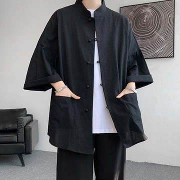 【臺灣出貨】 中山裝夏季亞麻短袖外套男新中式國風漢服加肥加大七分袖襯衫套裝