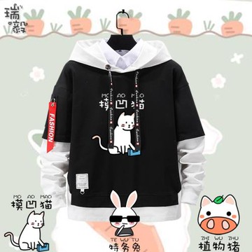 摸凹貓特務兔植物豬文字創意小眾兒童裝拼接連帽衛衣男女學生外套