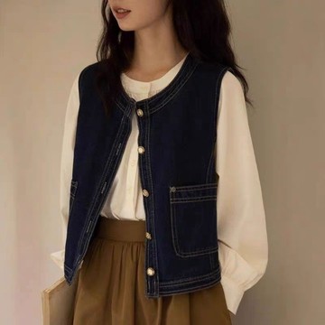 胖胖美依 上衣 外套 無袖上衣馬甲 牛仔外套 背心 S-L 新款復古牛仔馬甲疊穿背心外搭小個子坎肩馬夾-8255.