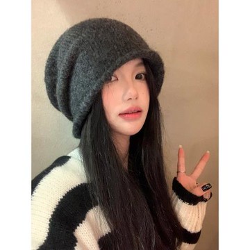 灰色含羊毛卷邊針織冷帽女秋冬季顯臉小堆堆帽大頭圍百搭包頭帽子