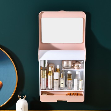 創意化妝品儲物盒飾品收納盒帶鏡掛壁式收納箱置物架置物箱防水濺