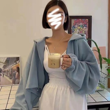 藍現貨秒出♥️【JinG】韓國同款*泡泡袖連帽短版外套♥️澎澎袖 燈籠袖 減齡穿搭 連帽外套 長袖外套 短版上衣
