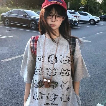 【砂糖夢境】灰色小衆短袖女2026新款貓咪卡通寬鬆上衣爆款學生大碼夏季t恤潮