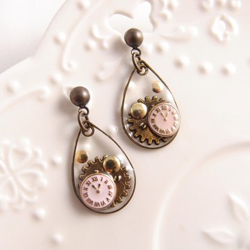 蒸氣龐克。時鐘 齒輪 x 垂墜式耳環 / 針式 夾式 防過敏不鏽鋼