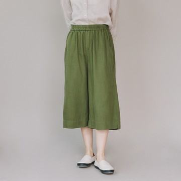 涼爽亞麻混織寬褲 綠F