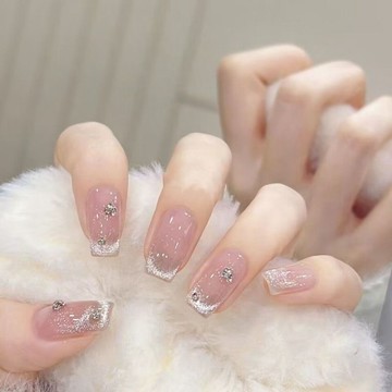 🎀台灣出貨🎀E純手工光療美甲穿戴甲短款法式堆鑽穿戴甲重複使用美甲貼片