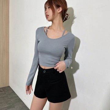 肩帶造型彈力Bra上衣-淺灰【KT224759】