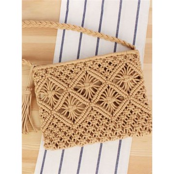 店長推薦新款簡約流蘇手拿斜挎兩用女包棉繩編織包復古夏日沙灘包