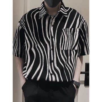 夏季斑馬紋短袖襯衫男潮牌痞帥五分袖襯衣2023新款發型師男裝上衣