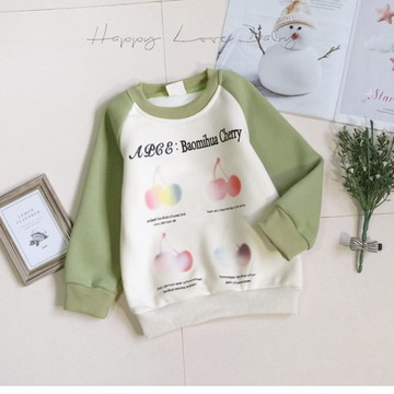 厚款 彩色櫻桃拼接果綠撞袖寶寶絨保暖上衣 秋冬童裝 女童長袖 女童棉T 秋冬上衣 刷毛上衣 棉T