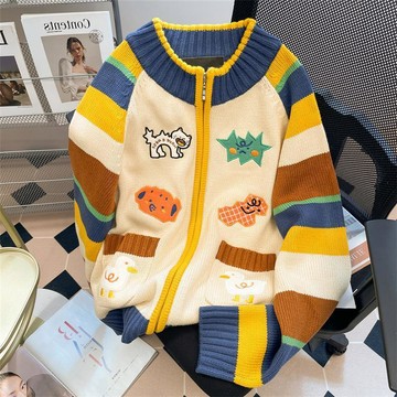 【砂糖夢境】精選美拉德穿搭可愛卡通刺繡拉鍊毛衣女秋冬季條紋拼色針織