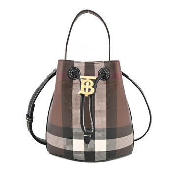 BURBERRY  LolaTB金字LOGO格紋帆布束口水桶包(暗樺木棕色)