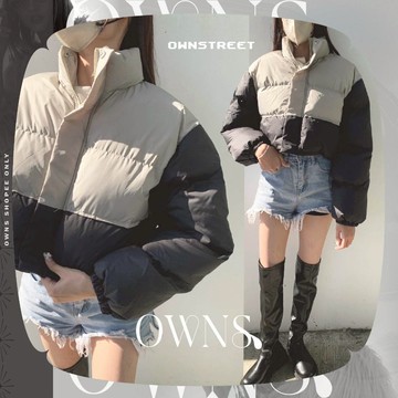 🥀旺斯女孩🥀立領短版鋪棉外套 短版外套 保暖外套 冬天拼色外套 辣妹外套 歐美夾克 鋪棉外搭