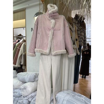 2024冬季新款機車服小香風粉色短外套女皮毛一體加絨大衣棉服上衣