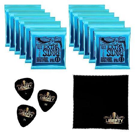 12 SETS Ernie Ball Extra Slinky Nickel Wound Electric Guitar Strings 8-38 Gauge Plus Bonus Liberty Music Polishing Cloth and Assorted Guitar Picks