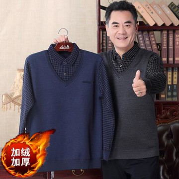 啄木鳥爸爸毛衣加絨加厚純棉男士保暖衛衣打底衫冬季中老年假兩件
