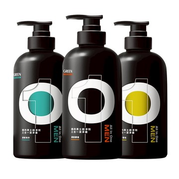 綠的GREEN 男士超淨效三合一潔淨露 500ml 男性沐浴乳麝香/雪松海洋(涼感) 洗髮精 洗面乳X3瓶 (3款任選)
