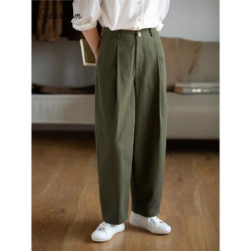 邊縫原創日系休閑斜紋全棉寬松闊腿褲女2025新款中高腰顯瘦蘿卜褲