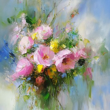 手繪粉色牡丹鮮豔花束油畫原作