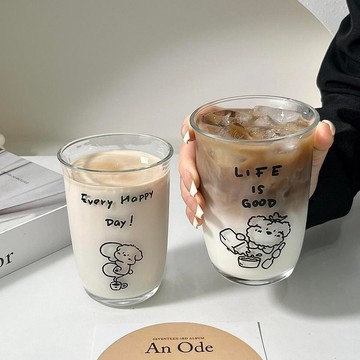 🔥優質玻璃🔥ins風原創美式小狗玻璃水杯飲料杯牛奶果汁杯冰拿鐵咖啡杯飲品杯玻璃杯 玻璃水杯 質感杯子\t