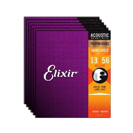 Elixir Phosphor Bronze Nanoweb Medium 13-56 Acoustic Guitar Strings 6-Pack w Bonus Polishing Cloth