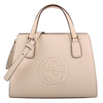 GUCCI 經典雙G 浮印皮革手提斜背包黛妃包(米色)中