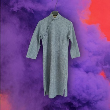 二手 灰藍色 織紋 微厚挺 微彈性 古董訂製 長袖 旗袍 PF1130